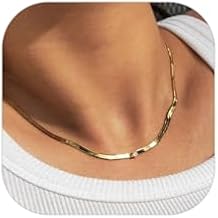 ChainsHouse Flat Snake Chain Herringbone Choker Necklace for Women, Stainless Steel/Rose Gold/18K Gold Plated Dainty Adjustable Simple Short Layered Necklaces, 12"/15"/18" with 3.5" Extender