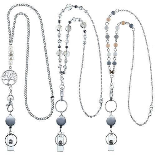 Hicarer 3 Pieces ID Badge Beaded Lanyard Necklace with ID Holder Clip Stainless Steel Beaded Chain Lanyard Necklace for Women Retractable Badge Reel Valentine Present