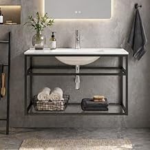 wonline 36 inch Console Bathroom Sink, White Ceramic Vanity Basin with Faucet, Wall Mount Vanity Basin for Bathroom, Laundry Room, Garage, Basement, Indoor, Outdoor