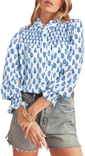 Womens Sky Blue Boho Floral Printed Lantern Sleeve Frilled Neck Shirred Shirt
