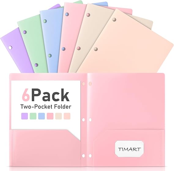 Timart Folders with Pockets 3 Hole Punched-6 Pack, 2 Pocket Heavy Duty Plastic Pocket Folders for 3 Ring Binder, Fit Letter Size File Folder for School Office (Pastel)