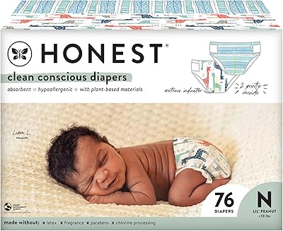 The Honest Company Comfort Dry Disposable Diapers Plant-Based Sustainable Dots & Dashes and Multi-Colored Giraffes Club Box Size Newborn 76 Count
