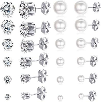 Spiritlele Cubic Zirconia Pearl Ball Stud Earrings Set 3-8mm Assorted CZ Stud Earrings for Women