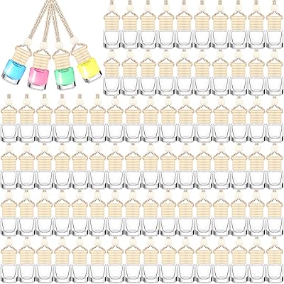 SiliFine 300 Pcs Car Diffuser Bottles with Wooden Cap 4.8ml Empty Glass Perfume Bottles Bulk Hanging Clear Car Diffuser Fragrance Holder Air Fresheners for Aromatherapy(Cylinder)
